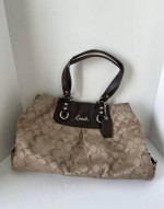 COACH Brown Tan Signature Logo Leather and Sateen Shoulder Bag Purse