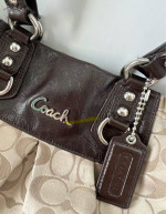 COACH Brown Tan Signature Logo Leather and Sateen Shoulder Bag Purse