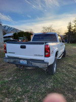 Rear view of a 2003 Chevrolet Silverado 2500HD Crew Cab pickup truck in white color on a grassy area