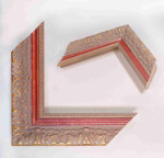 Antique gold picture frame on grey pink background with red stripe in classic style. 2.13" wide x 1.34" high.