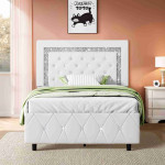 Full Upholstered LED Wingback Bed Frame with Diamond Button Headboard, No Box Spring Needed, Velvet Cream