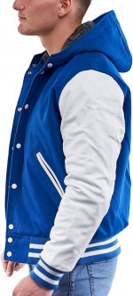 Varsity Base Letterman Hoodie Jacket Bright Royal Blue Wool, White Lea