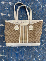 Gucci Beige/White Canvas Vintage Web Sunset Medium Tote Bag
